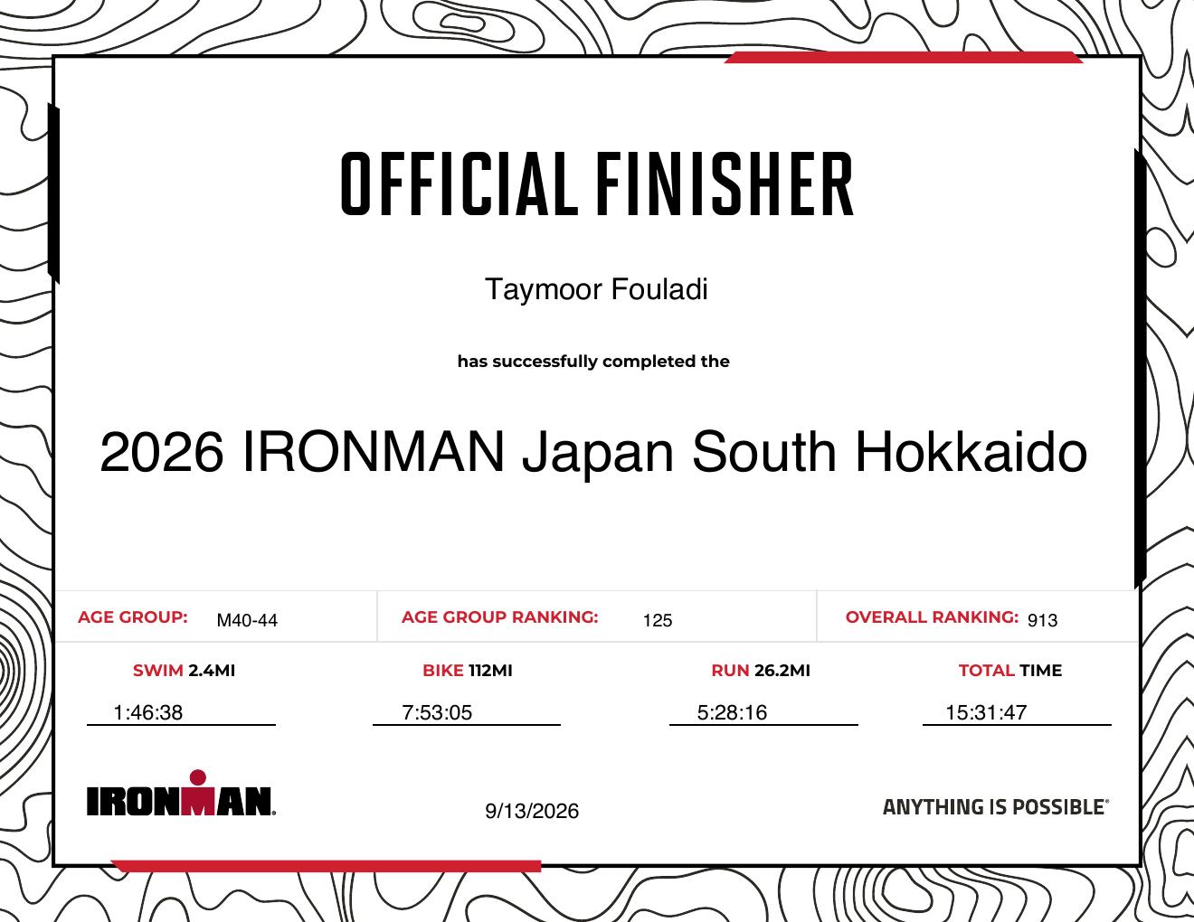 IRONMAN South Hokkaido certificate / result
